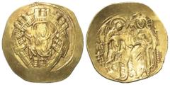 Byzantine Michael VIII. Palaeologus (1258 - 1282 n. Chr.). Hyperpyron nomisma (Gold). Constantinopolis. Vs: Brustbild der betenden Jungfrau Maria orans in sechstorigem Mauerkranz en face; im Feld link