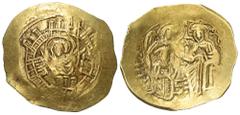 Byzantine Michael VIII. Palaeologus (1258 - 1282 n. Chr.). Hyperpyron nomisma (Gold). Constantinopolis. Vs: Brustbild der betenden Jungfrau Maria orans in sechstorigem Mauerkranz en face. Rs: Christus