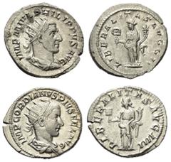 Lots - Ancient Coins Römische Münzen - Lots. Kaiserzeit. Lot (2 Stück, Silber): Antoniniane des Gordianus III. (238 - 244 n. Chr.) und Philippus I. Arabs (244 - 249 n. Chr.). Fast vorzüglich / vorzügl