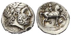 Greek Königreich Makedonien. Philippos II. (359 - 336 v. Chr.). Tetradrachme (Silber). Ca. 317 - 314 v. Chr. Pella. Vs: Kopf des Zeus mit Lorbeerkranz rechts. Rs: Reiter mit Palmzweig zu Pferde nach r