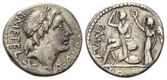 Roman Republican C. Poblicius Malleolus mit A. Postumius Albinus und L. Caecilius Metellus. Denar (Silber). 96 v. Chr. Rom. Vs: A ALB S F L METEL. Kopf des Apollo mit Lorbeerkranz rechts, darunter Hal