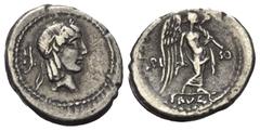 Roman Republican L. Calpurnius Piso Frugi. Quinar (Silber). 90 v. Chr. Rom. Vs: Kopf des Apollo mit Lorbeerkranz rechts, dahinter Kontrollzeichen. Rs: L PISO FRVGI. Victoria mit Palmzweig nach rechts.