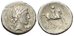 Roman Republican P. Crepusius. Denar (Silber). 82 v. Chr. Rom. Vs: Kopf des Apollo mit Lorbeerkranz rechts, dahinter Szepter und Buchstabe A. Rs: P CREPVSI. Reiter mit Lanze nach rechts galoppierend; 