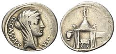 Roman Republican Q. Cassius Longinus. Denar (Silber). 55 v. Chr. Rom. Vs: Q CASSIVS VEST. Verschleierter Kopf der Vesta rechts. Rs: Vestatempel mit Sella culuris. Links Urne, rechts Tafel mit Inschrif
