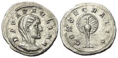 Roman Imperial Coinage Diva Paulina (gest. vor 236 n. Chr.). Denar (Silber). 236 n. Chr. Rom. Vs: DIVA PAVLINA. Kopf mit Schleier rechts. Rs: CONSECRATIO. Pfau mit Pfauenrad. 20 mm. 2,44 g. RIC 1. Vor