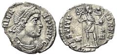 Roman Imperial Coinage Valens (364 - 378 n. Chr.). Siliqua (Silber). 364 - 367 n. Chr. Arles. Vs: D N VALENS P F AVG. Büste mit Perldiadem, Paludament und Panzer rechts. Rs: RESTITVTOR REI P / OF III 