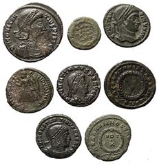 Lots - Ancient Coins Römische Münzen - Lots. Kaiserzeit. Lot (8 Stück, Bronze): Kleinbronzen des Constantinus I. (307 - 337 n. Chr.), Crispus (Caesar 317 - 326 n. Chr.), Valens (364 - 378 n. Chr.) und