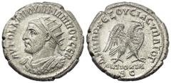 Roman Provincial Seleukis und Pierien. Antiochia am Orontes. Philippus I. Arabs (244 - 249 n. Chr.). Tetradrachme (Billon). Ca. 247 n. Chr. Vs: Büste des Philippus in Vorderansicht mit Strahlenkrone u
