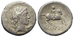 Roman Republican P. Crepusius (82 v. Chr.). Denar (Silber). 82 v. Chr. Rom. Vs: Kopf des Apollo mit Lorbeerkranz rechts, dahinter Szepter und Buchstabe A. Rs: P CREPVSI. Reiter mit Lanze nach rechts g