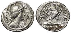 Roman Republican M. Plaetorius Cestianus (67 v. Chr.). Denar (Silber). 67 v. Chr. Rom. Vs: CESTIANVS / S C. Drapierte Büste einer Gottheit rechts mit Attributen von Isis, Minerva, Apollo, Diana und Vi