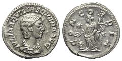 Roman Imperial Coinage Iulia Aquilia Severa. Denar (Silber). 220 - 221 n. Chr. Rom. Vs: IVLIA AQVILIA SEVERA AVG. Drapierte Büste rechts. Rs: CONCORDIA. Concordia mit Doppelfüllhorn nach links stehend