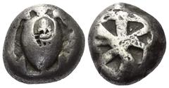 Greek Inseln vor Attika. Aigina. Stater (Silber). Ca. 525 - 475 v. Chr. Vs: Seeschildkröte. Rs: Sechsfach geteiltes Quadratum incusum. 18 mm. 12,10 g. HGC 6, 428; Slg. Dewing 1655. Gegenstempel, sehr 