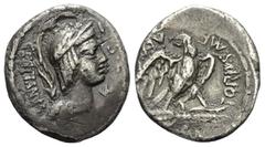Roman Republican M. Plaetorius Cestianus (67 v. Chr.). Denar (Silber). 67 v. Chr. Rom. Vs: CESTIANVS / S C. Drapierte Büste einer Gottheit rechts mit Attributen von Isis, Minerva, Apollo, Diana und Vi