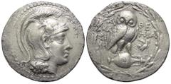 Griechische Münzen Attika. Athen. Tetradrachme des 'Neuen Stils' (Silber). 146 / 145 v. Chr. Vs: Kopf der Athena mit attischem Helm rechts. Rs: Eule auf liegender Amphora nach rechts stehend, den Kopf