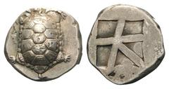 AIGINA. Aigina. Stater. Ca. 404 - 350 v. Chr. Vs: Landschildkröte. Rs: Fünfgeteiltes Quadratum incusum. SNG Copenhagen 516. Bosten 1113. McClean 6044. Kleine Kratzer, fast vorzüglich. 12,18 g 21 mm