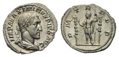 MAXIMINUS I. THRAX (235 - 238 n. Chr.). Denar. 235 n. Chr. Rom. Vs: IMP MAXIMINVS PIVS AVG. Büste mit Lorbeerkranz, Paludament und Panzer rechts. Rs: P M - TR - P P P. Maximinus mit erhobener Rechter 