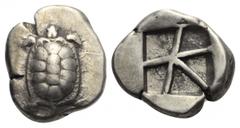 AIGINA. Aigina. Stater. Ca. 445 - 430 v. Chr. Vs: Landschildkröte. Rs: Fünfgeteiltes Quadratum incusum. SNG Copenhagen 517. HGC 6, 437. Fast vorzüglich. 12,33 g 23 mm