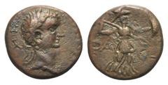 LYKIEN. Phaselis. Tiberius (14 - 37 n. Chr.). Bronze. Vs: Kopf mit Lorbeerkranz rechts, dahinter A. Rs: Athena mit Lanze und Schild nach rechts schreitend. RPC 3362 var. (Avers mit B; 1 Exemplar). Seh