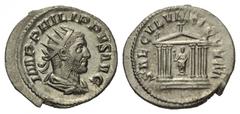 PHILIPPUS I. ARABS (244 - 249 n. Chr.). Antoninian. 248 n. Chr. Rom. Vs: IMP PHILIPPVS AVG. Büste mit Strahlenkrone, Paludament und Panzer rechts. Rs: SAECVLVM NOVVM. Sechssäuliger Tempel auf dreistuf