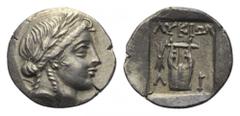 LYKIEN. Limyra (im Lykischen Bund). Drachme. Ca. 167 - 100 v. Chr. Vs: Kopf des Apollon mit Lorbeerkranz rechts, über seiner linken Schulter Bogen und Köcher. Rs: ΛYKIΩΝ / Λ - I. Kithara, im Feld link