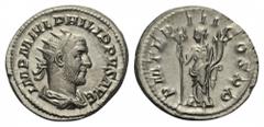 Philippus I. Arabs (244 - 249 n. Chr.). Antoninian. 245 - 246 n. Chr. Rom. Vs: IMP M IVL PHILIPPVS AVG. Büste mit Strahlenkrone, Paludament und Panzer rechts. Rs: P M TR P III COS P P. Felicitas mit C
