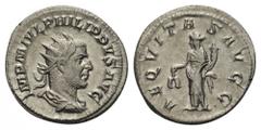 Philippus I. Arabs (244 - 249 n. Chr.). Antoninian. 245 - 247 n. Chr. Rom. Vs: IMP M IVL PHILIPPVS AVG. Büste mit Strahlenkrone, Paludament und Panzer rechts. Rs: AEQVITAS AVGG. Aequitas mit Waage und