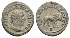 Philippus I. Arabs (244 - 249 n. Chr.). Antoninian. 248 n. Chr. Rom. Vs: IMP PHILIPPVS AVG. Büste mit Strahlenkrone, Paludament und Panzer rechts. Rs: SAECVLARES AVGG / I. Löwe nach rechts schreitend.