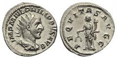 Philippus I. Arabs (244 - 249 n. Chr.). Antoninian. 245 - 247 n. Chr. Rom. Vs: IMP M IVL PHILIPPVS AVG. Büste mit Strahlenkrone, Paludament und Panzer rechts. Rs: AEQVITAS AVGG. Aequitas mit Waage und