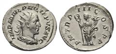 Philippus I. Arabs (244 - 249 n. Chr.). Antoninian. 246 n. Chr. Rom. Vs: IMP M IVL PHILIPPVS AVG. Büste mit Strahlenkrone, Paludament und Panzer rechts. Rs: P M TR P III COS P P. Felicitas mit Caduceu