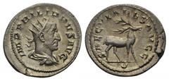 Philippus I. Arabs (244 - 249 n. Chr.). Antoninian. 248 n. Chr. Rom. Vs: IMP PHILIPPVS AVG. Büste mit Strahlenkrone, Paludament und Panzer rechts. Rs: SAECVLARES AVGG. Hirsch nach rechts schreitend; i