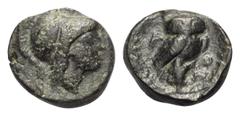 Attika. Athen. Bronze. Ca. 284 - 270 v. Chr. Vs: Athena mit korinthischem Helm rechts. Rs: Eule nach rechts stehend, den Kopf en face; das Ganze in Olivenkranz. 13 mm. 2,60 g. Kroll 52; HGC 4, 1738. S