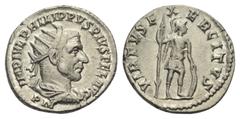Philippus I. Arabs (244 - 249 n. Chr.). Antoninian. 244 - 245 n. Chr. Antiochia. Vs: IMP IVL PHILIPPVS PIVS FEL AVG. Büste mit Strahlenkrone, Paludament und Panzer rechts, darunter P M. Rs: VIRTVS EXE