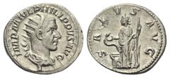 Philippus I. Arabs (244 - 249 n. Chr.). Antoninian. 244 - 245 n. Chr. Rom. Vs: IMP M IVL PHILIPPVS AVG. Büste mit Strahlenkrone, Paludament und Panzer rechts. Rs: SALVS AVG. Salus mit Ruder nach links