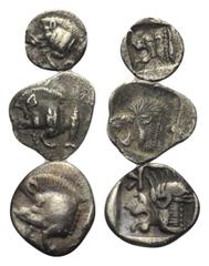 Lots. Mysien. Kyzikos. Lot (3 Stück): 1 Tetartemorion,1 Hemiobol, 1 Obol. 6. - 5. Jhdt. v. Chr. Vs: Eberprotome links, dahinter Thunfisch nach oben schwimmend. Rs: Löwenkopf links. 0,15 g - 7 mm / 0,3