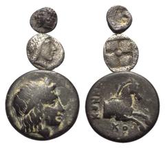 Lots. Ionien. Kolophon. Lot (3 Stück): 1 Tetartemorion, 1 Hemiobol, 1 Bronze, 6. - 3. Jhdt. v. Chr. Vs: Archaischer Kopf des Apollon links / Kopf des Apollon mit Lorbeerkranz rechts / Kopf des Apollon