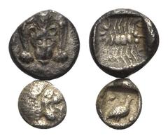 Lots. Karien. Mylasa. Lot (2 Stück): 1 Hemiobol, 1 Tetartemorion, 5. - 4. Jhdt. v. Chr. Vs: Löwenvorderteil en face / Löwenkopf mit aufgerissenem Maul rechts. Rs: Skorpion in Quadratum incusum / Vogel