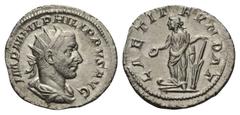 Philippus I. Arabs (244 - 249 n. Chr.). Antoninian. 244 - 245 n. Chr. Rom. Vs: IMP M IVL PHILIPPVS AVG. Büste mit Strahlenkrone, Paludament und Panzer rechts. Rs: LAETIT - FVNDAT. Laetitia mit Patera 