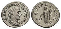 Philippus I. Arabs (244 - 249 n. Chr.). Antoninian. 245 - 247 n. Chr. Rom. Vs: IMP M IVL PHILIPPVS AVG. Büste mit Strahlenkrone, Paludament und Panzer rechts. Rs: AEQVITAS AVGG. Aequitas mit Waage und