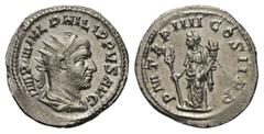 Philippus I. Arabs (244 - 249 n. Chr.). Antoninian. 247 n. Chr. Rom. Vs: IMP M IVL PHILIPPVS AVG. Büste mit Strahlenkrone, Paludament und Panzer rechts. Rs: P M TR P IIII COS II P P. Felicitas mit Cad