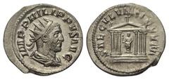 Philippus I. Arabs (244 - 249 n. Chr.). Antoninian. 248 n. Chr. Rom. Vs: IMP PHILIPPVS AVG. Büste mit Strahlenkrone, Paludament und Panzer rechts. Rs: SAECVLVM NOVVM. Sechssäuliger Tempel auf dreistuf