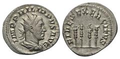 Philippus I. Arabs (244 - 249 n. Chr.). Antoninian. 248 - 249 n. Chr. Rom. Vs: IMP PHILIPPVS AVG. Büste mit Strahlenkrone, Paludament und Panzer rechts. Rs: FIDES EXERCITVS. Vier Feldzeichen nebeneina
