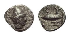 Greek Mysien. Kyzikos. Hemiobol. Ca. 450 - 400 v. Chr. Vs: Kopf des Hermes mit geflügeltem Petasos rechts. Rs: Thunfisch rechts. 7 mm. 0,20 g. Von Fritze II 21; SNG von Aulock 7338. Selten. Sehr schön
