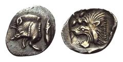 Greek Mysien. Kyzikos. Hemiobol. Ca. 450 - 400 v. Chr. Vs: Vorderteil eines Ebers links, dahinter Thunfisch nach oben. Rs: Löwenkopf links, links oben Stern; alles in Quadratum incusum. 10 mm. 0,40 g.