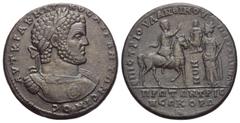 Roman Provincial Mysien. Pergamon. Caracalla (197 - 217 n. Chr.). Bronze. Vs: Büste mit Lorbeerkranz und Panzer rechts. Rs: Caracalla in Feldtracht zu Pferde, die Rechte zum Gruß erhoben, nach rechts 