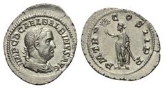 Roman Imperial Balbinus (238 n. Chr.). Denar. 238 n. Chr. Rom. Vs: IMP C D CAEL BALBINVS AVG. Büste mit Lorbeerkranz, Paludament und Panzer rechts. Rs: P M TR P - COS II P P. Genius des Römischen Sena