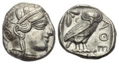 Greek Attika. Athen. Tetradrachme. Ca. 454 - 404 v. Chr. Vs: Kopf der Athena mit ölzweiggeschmücktem, attischem Helm, Ohranhänger und Halskette rechts. Rs: Eule nach rechts stehend, Kopf en face, im F