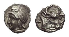 Greek Mysien. Kyzikos. Hemiobol. Ca. 410 - 400 v. Chr. Vs: Kopf des Attis mit phrygischer Kappe links. Rs: Kopf eines Stieres rechts. 8 mm. 0,34 g. SNG von Aulock 7336; Slg. Klein 268. Fast vorzüglich