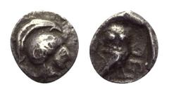 Greek Philistia. Unbestimmte Münzstätte. Hemiobol. 5. - 4. Jhdt. v. Chr. Vs: Kopf der Athena mit attischem Helm rechts. Rs: Eule nach rechts stehend, Kopf en face. 6 mm. 0,32 g. HGC 10, 613. Selten. S