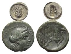 Greek Griechische Münzen - Lots. Lukanien. Metapont. Lot (2 Stück): 1 Hemiobol, 1 Bronze. 6. - 3. Jhdt. v. Chr. Vs: Getreideähre / Kopf der Demeter mit Sphendone und Ährenkranz rechts. Rs: Incuse Getr