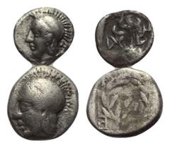 Greek Griechische Münzen - Lots. Aiolis. Elaia. Lot (2 Stück): 1 Hemiobol, 1 Diobol, 5. - 4. Jhdt. v. Chr. Vs: Kopf der Athena mit attischem Helm links. Rs: Lorbeerkranz in vertieftem Quadrat. 0,39 g 